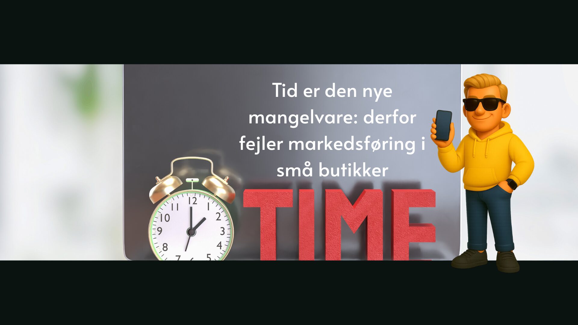 Maiz står foran et vækkeurd og teksten TIME